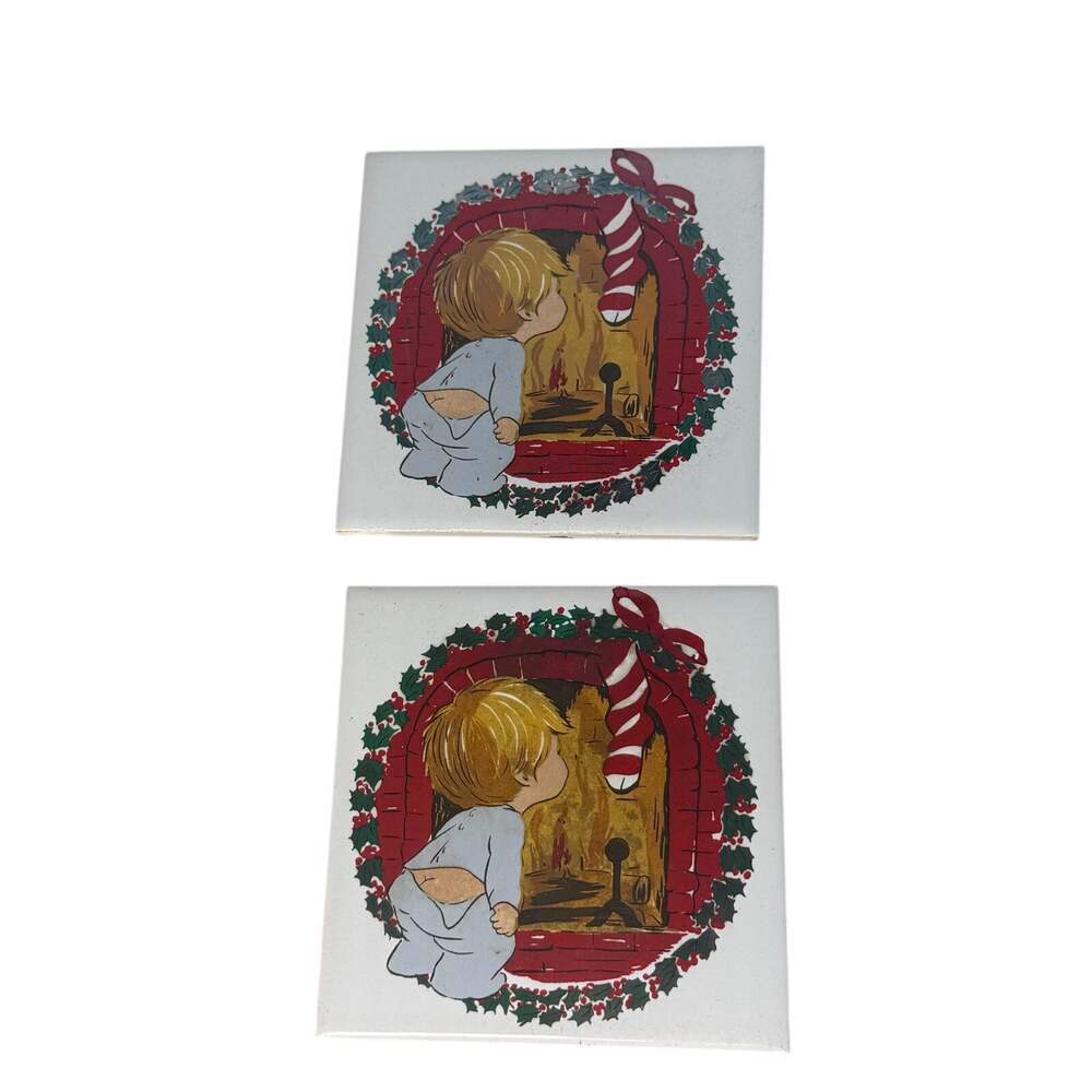 Vintage 1982 Jasco Christmas Ceramic Tile Trivets Set of 2 - Boy at Fireplace
